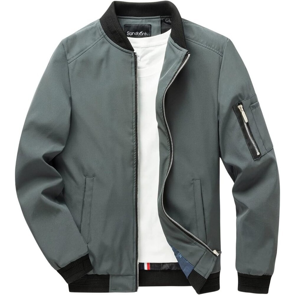 Men's Slim Fit Wear Lightweight Gray Bomber Jacket Coat Winter Zipper Closure